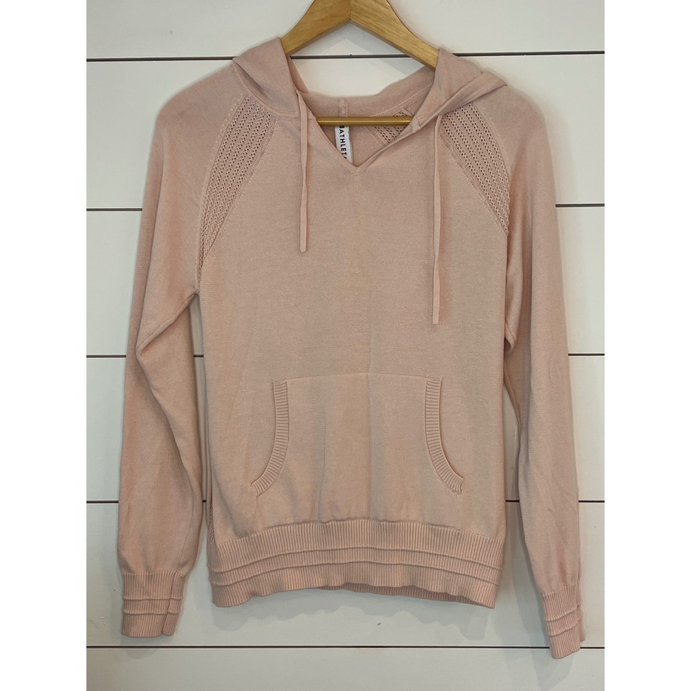 Athleta Womens XS Pink Knit Hoodie Pointell Kangaroo Pocket Sweater athleisure